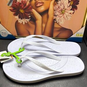 CROCS White Flip Flops with Green Accent